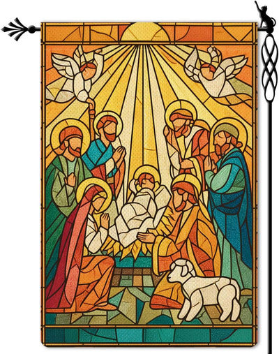 Christianartworkshop Radiant Stained Nativity Garden Flag - Bright Christmas Faith Scene