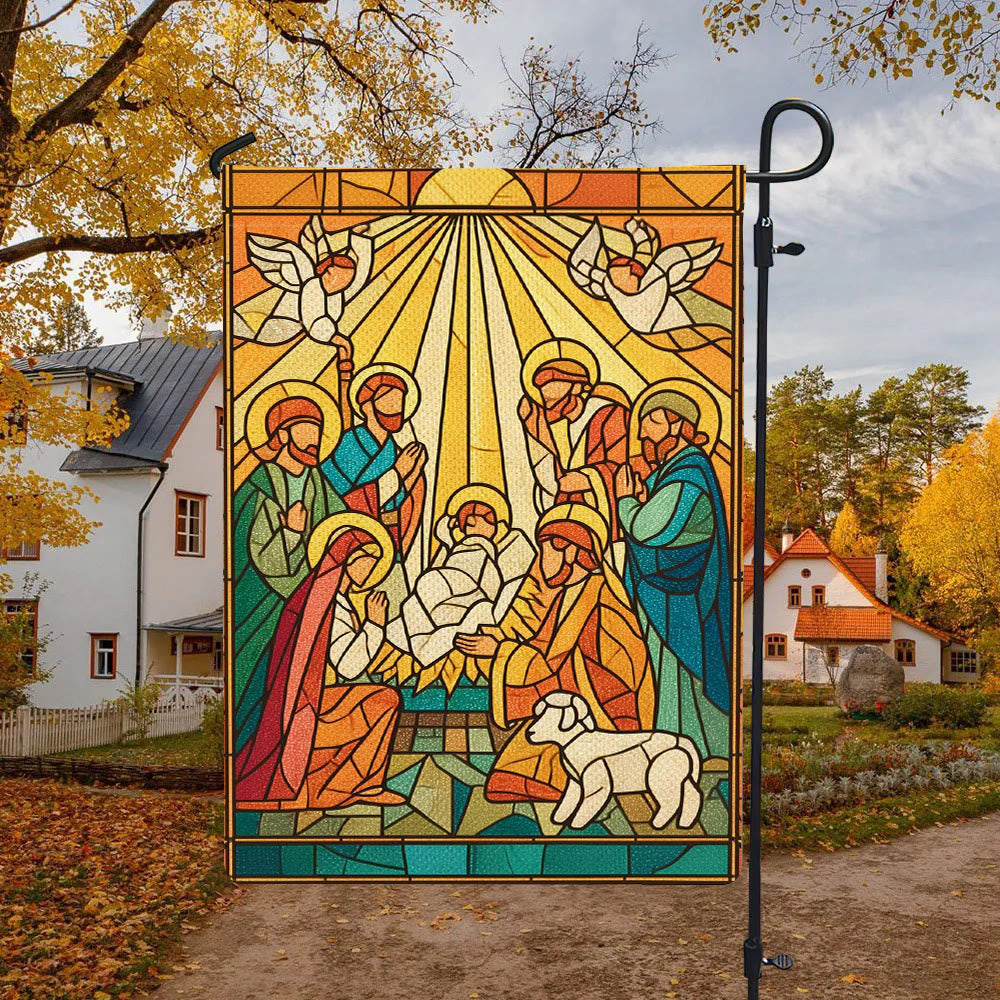 Christianartworkshop Radiant Stained Nativity Garden Flag - Bright Christmas Faith Scene