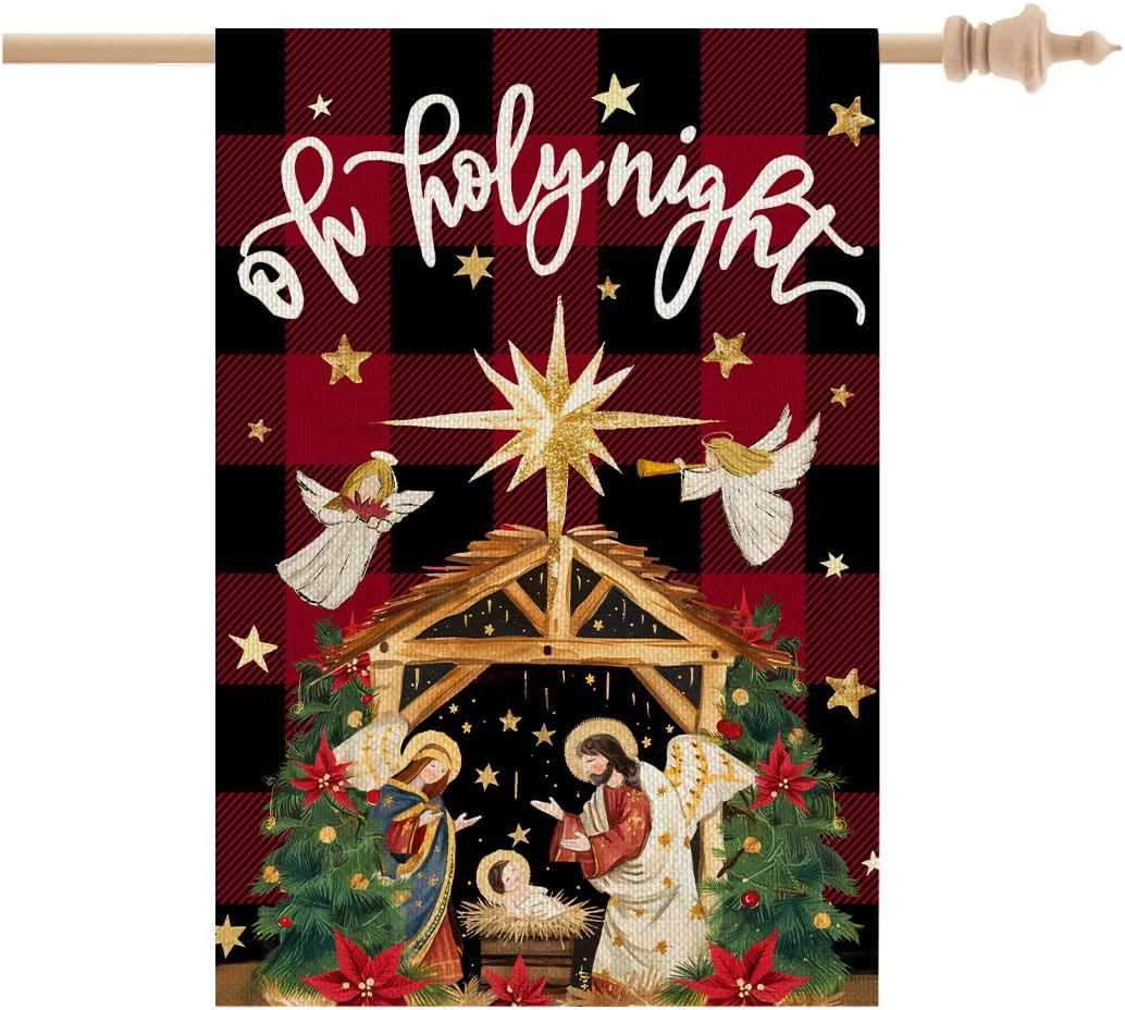 Christianartworkshop Traditional O Holy Night Buffalo Plaid Nativity Garden Flag with Angels