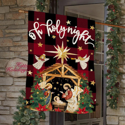 Christianartworkshop Traditional O Holy Night Buffalo Plaid Nativity Garden Flag with Angels