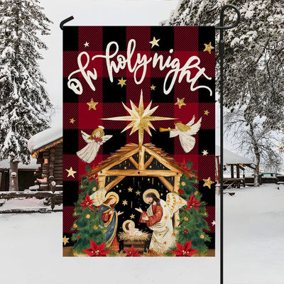 Christianartworkshop Traditional O Holy Night Buffalo Plaid Nativity Garden Flag with Angels