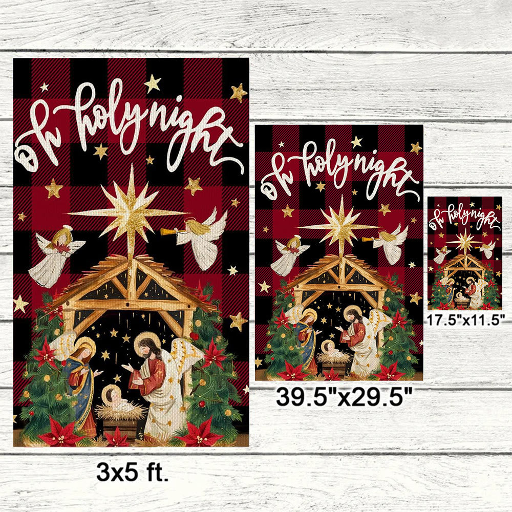 Christianartworkshop Traditional O Holy Night Buffalo Plaid Nativity Garden Flag with Angels