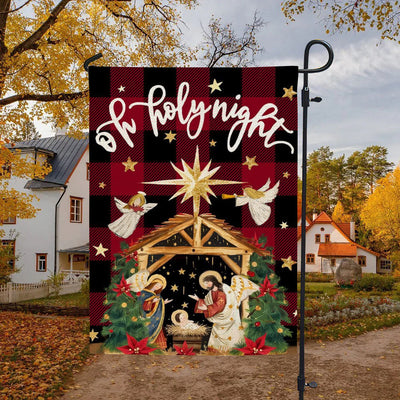 Christianartworkshop Traditional O Holy Night Buffalo Plaid Nativity Garden Flag with Angels