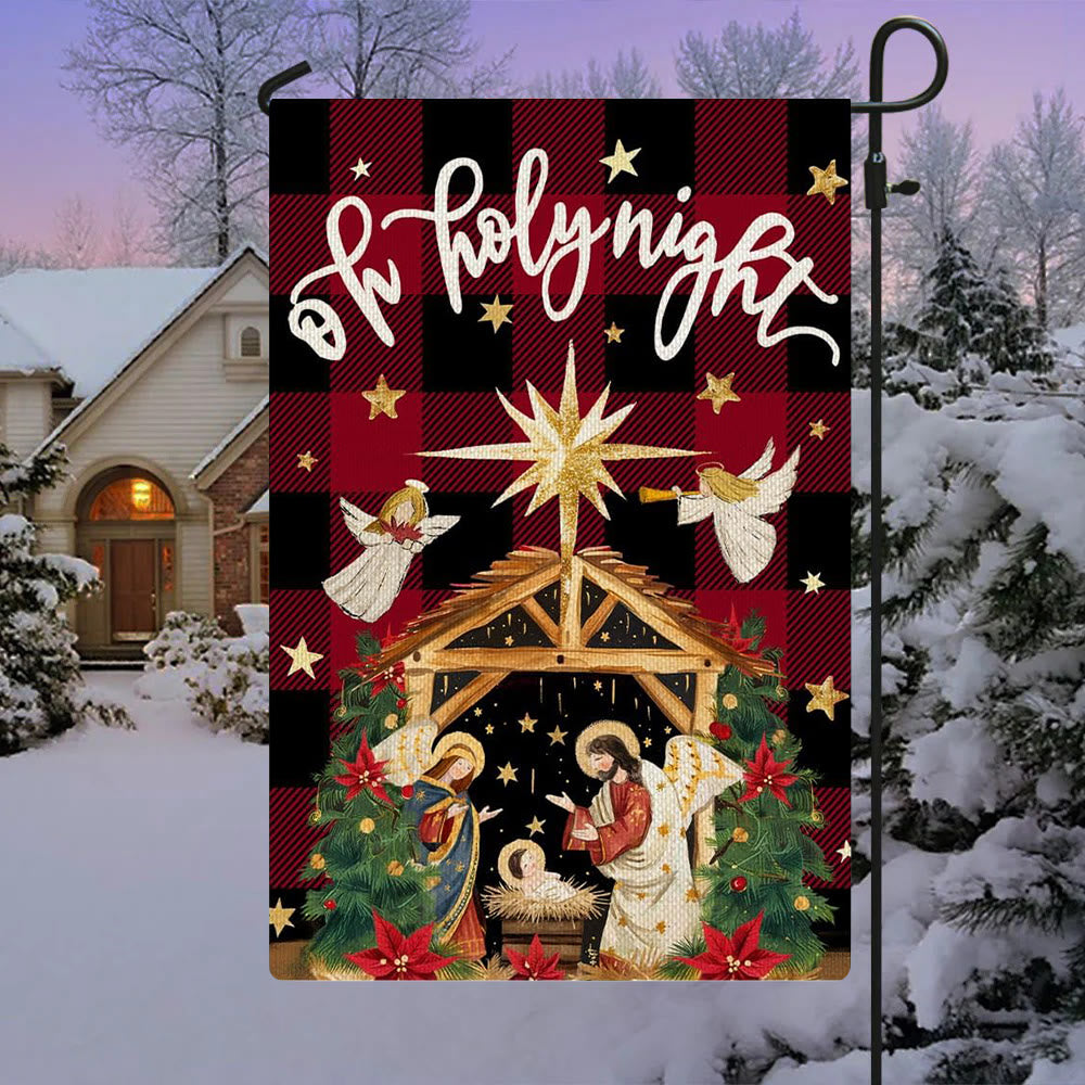 Christianartworkshop Traditional O Holy Night Buffalo Plaid Nativity Garden Flag with Angels