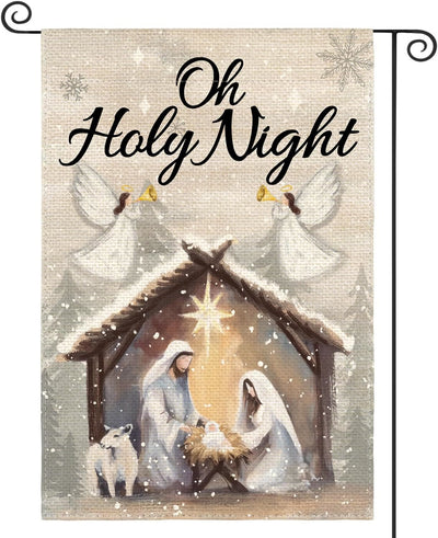 Christianartworkshop Snowy Oh Holy Night Nativity Garden Flag - Faith - Filled Christmas Scene