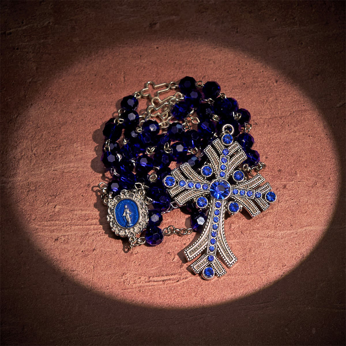 Christianartworkshop Miraculous Medal & Cross of 8 mm Polyhedron Blue Crystal Alloy Chain Rosary