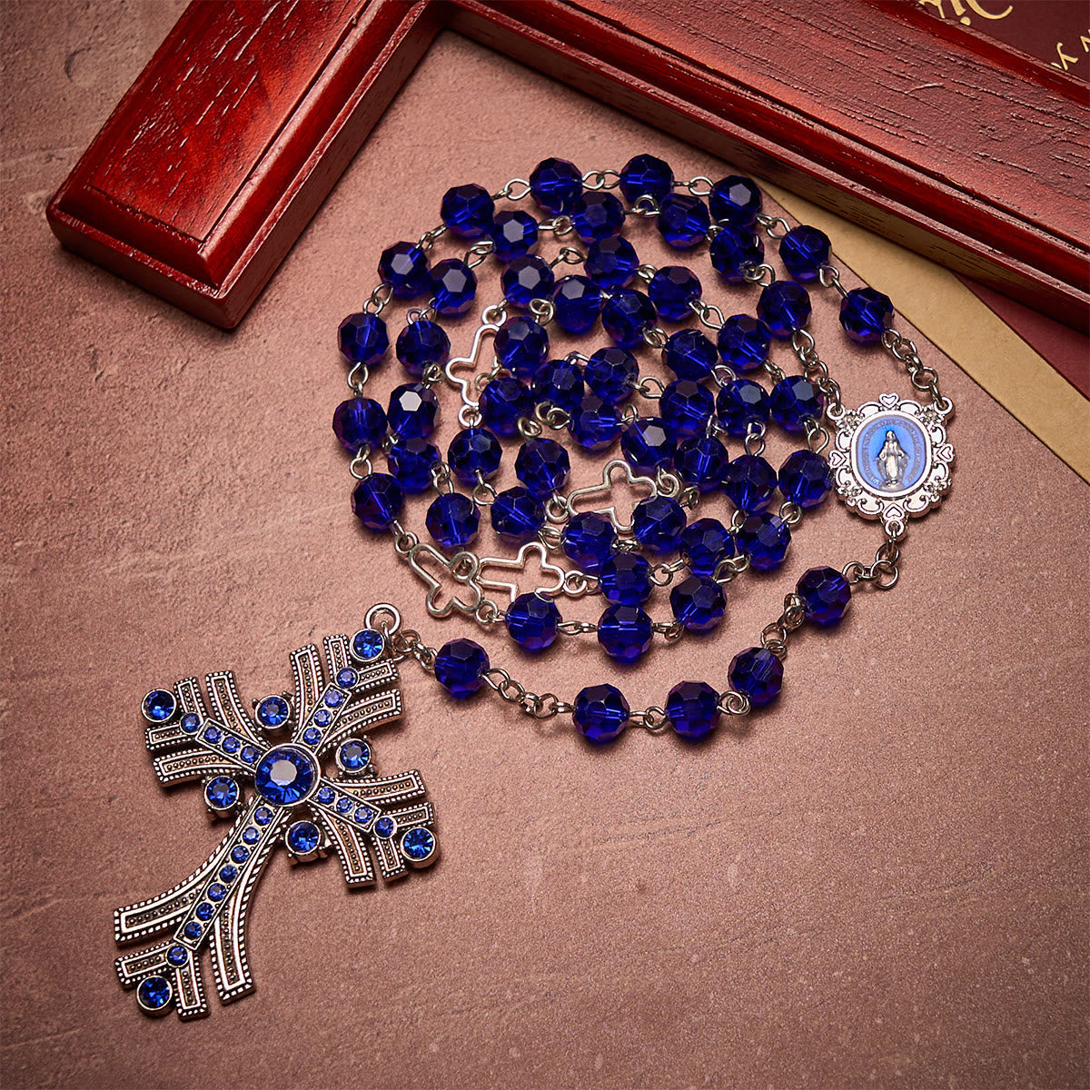 Christianartworkshop Miraculous Medal & Cross of 8 mm Polyhedron Blue Crystal Alloy Chain Rosary
