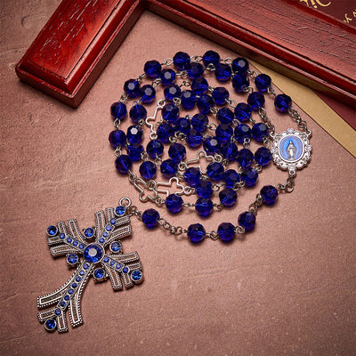 Christianartworkshop Miraculous Medal & Cross of 8 mm Polyhedron Blue Crystal Alloy Chain Rosary