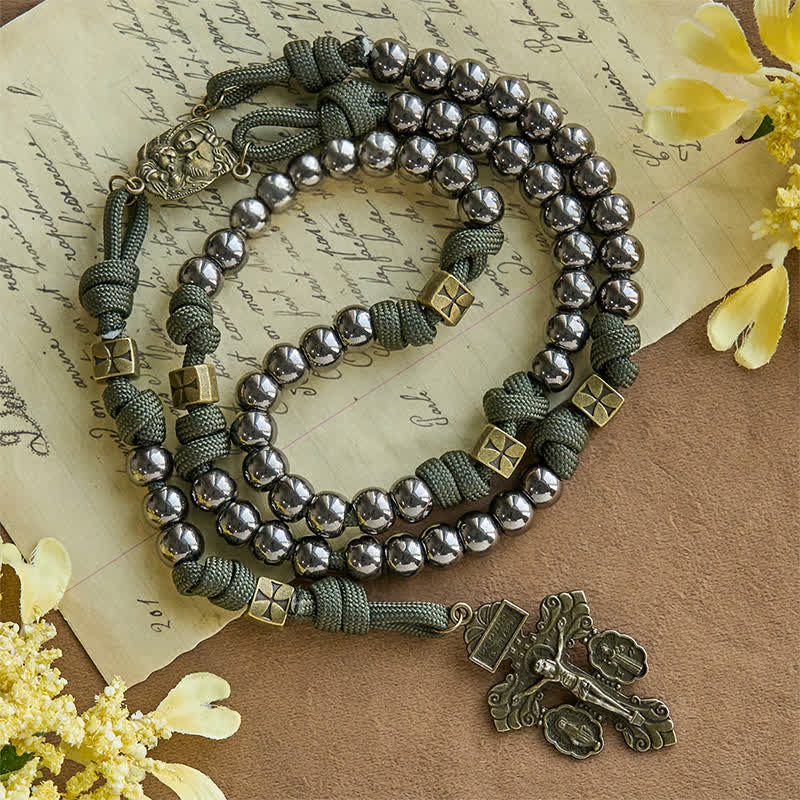 Christianartworkshop Military - Style Paracord Custom Rosary: Silver-Toned Beads & Brass JESUS