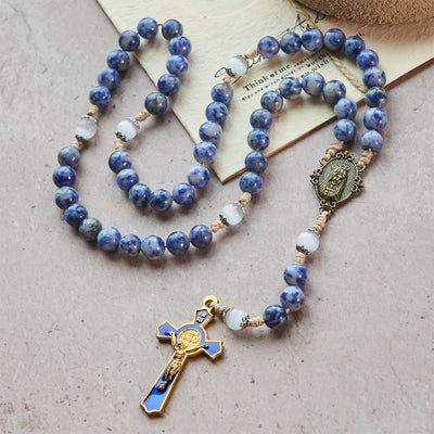 FREE Today: Immaculate Heart of Mary & Crucifix of 8 mm Round Blue Stone Nylon Cord Rosary