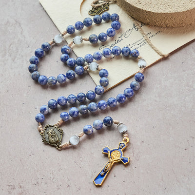 FREE Today: Immaculate Heart of Mary & Crucifix of 8 mm Round Blue Stone Nylon Cord Rosary