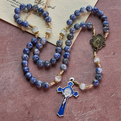 FREE Today: Immaculate Heart of Mary & Crucifix of 8 mm Round Blue Stone Nylon Cord Rosary