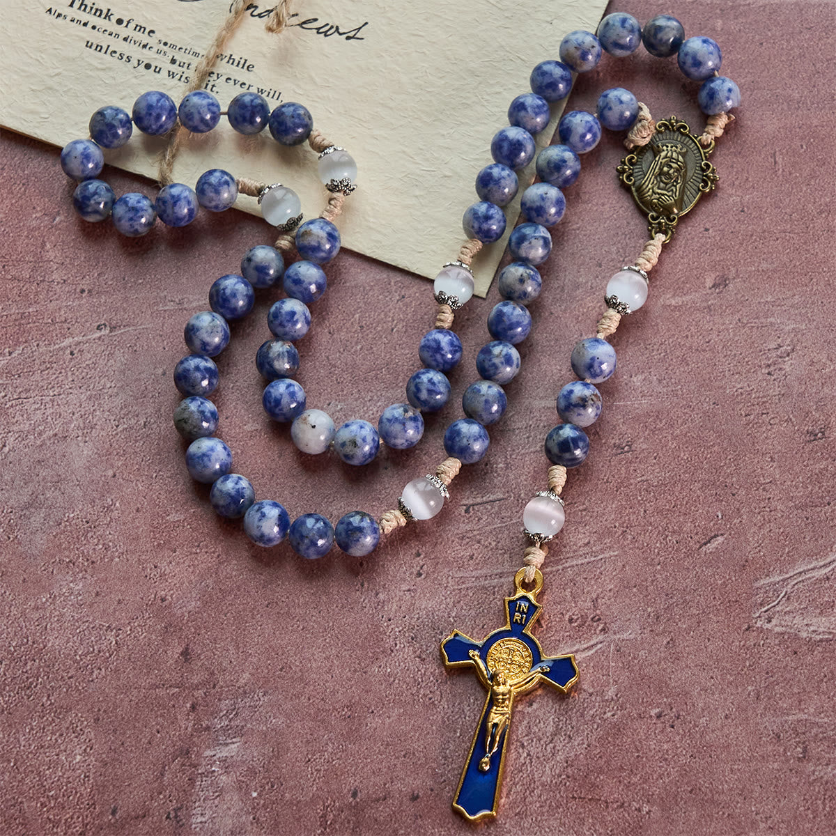 FREE Today: Immaculate Heart of Mary & Crucifix of 8 mm Round Blue Stone Nylon Cord Rosary