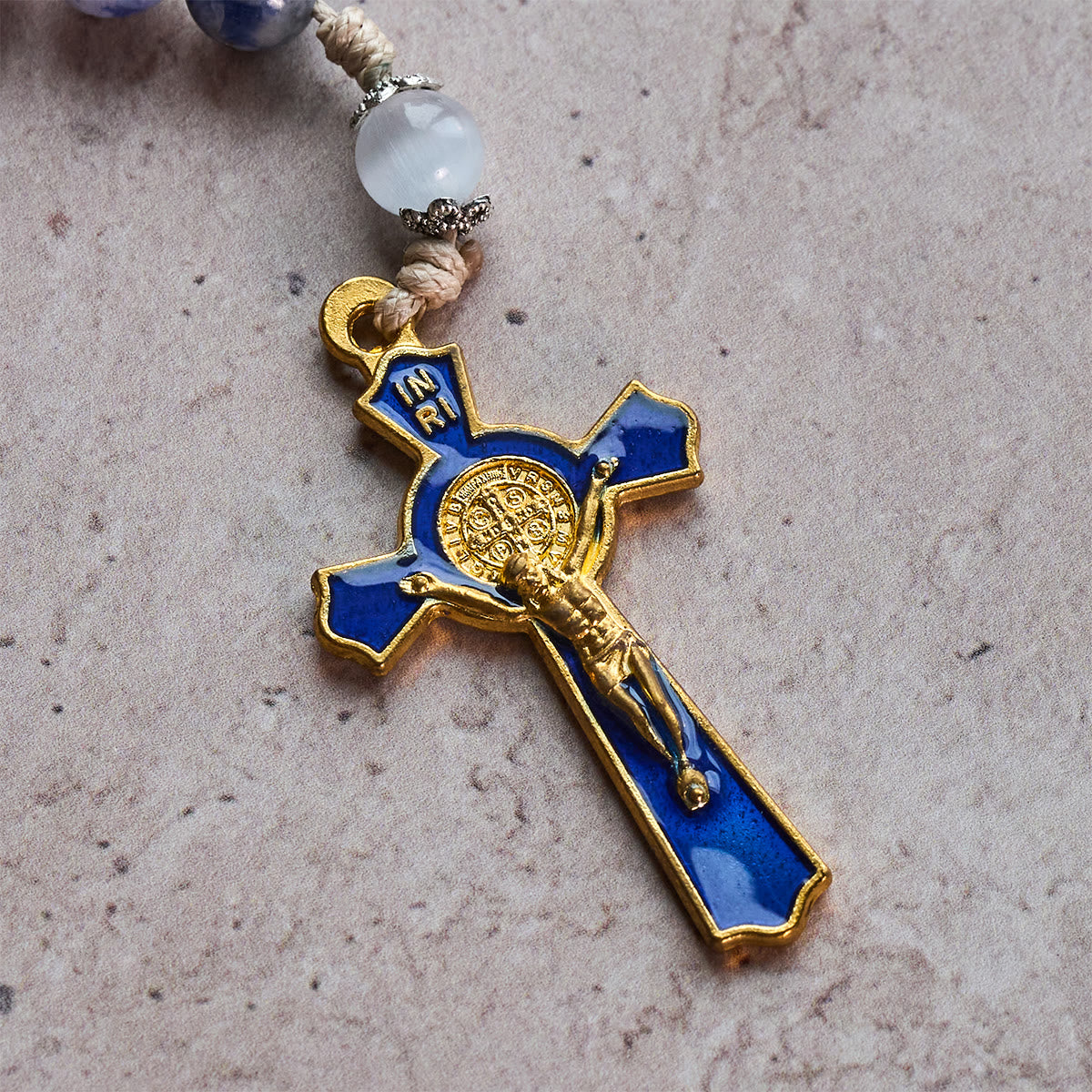 FREE Today: Immaculate Heart of Mary & Crucifix of 8 mm Round Blue Stone Nylon Cord Rosary