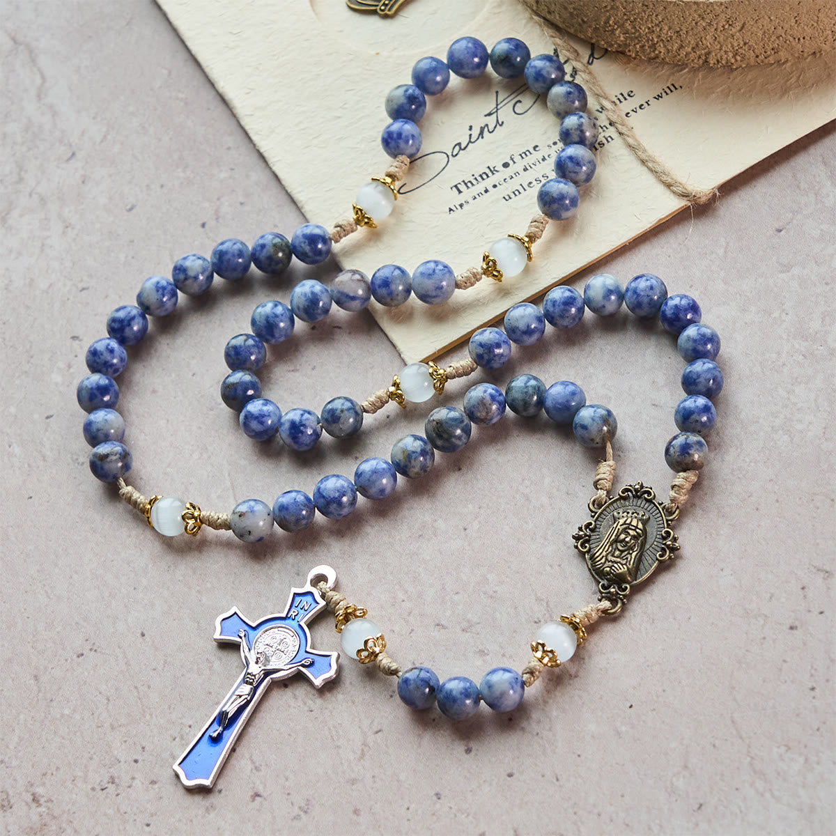 Christianartworkshop Immaculate Heart of Mary & Crucifix of 8 mm Round Blue Stone Nylon Cord Rosary