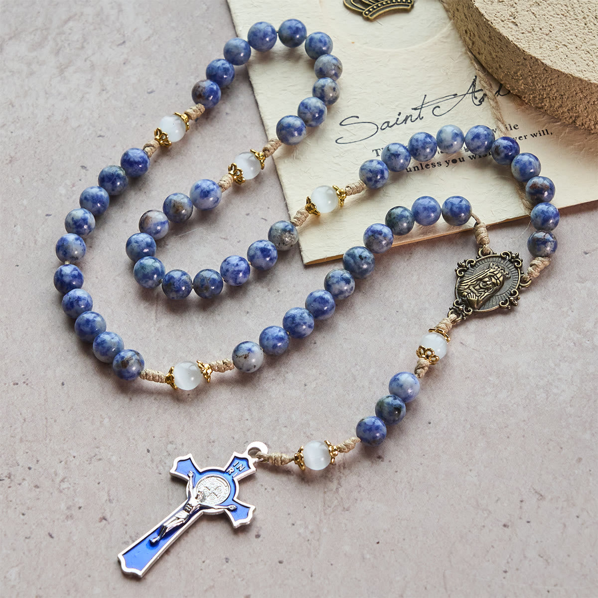 Christianartworkshop Immaculate Heart of Mary & Crucifix of 8 mm Round Blue Stone Nylon Cord Rosary