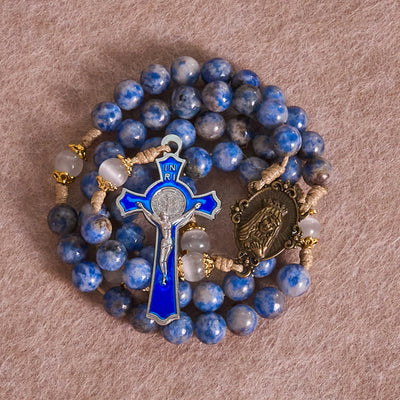 Christianartworkshop Immaculate Heart of Mary & Crucifix of 8 mm Round Blue Stone Nylon Cord Rosary