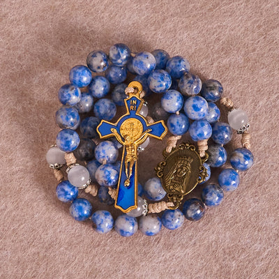 Christianartworkshop Immaculate Heart of Mary & Crucifix of 8 mm Round Blue Stone Nylon Cord Rosary