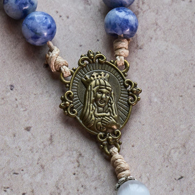 Christianartworkshop Immaculate Heart of Mary & Crucifix of 8 mm Round Blue Stone Nylon Cord Rosary