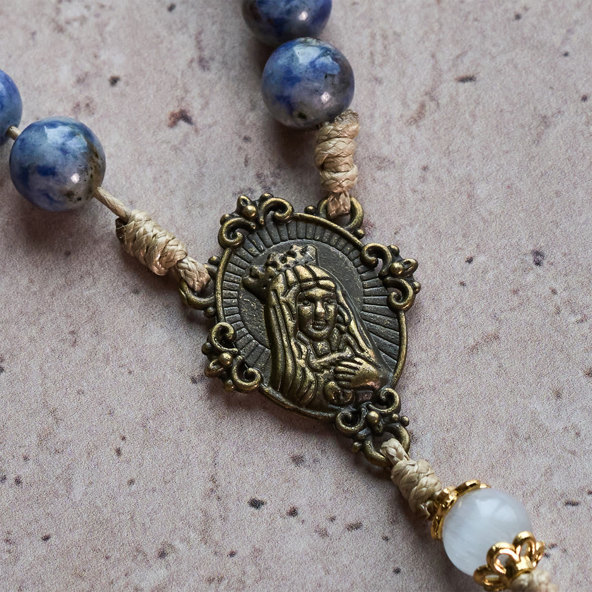Christianartworkshop Immaculate Heart of Mary & Crucifix of 8 mm Round Blue Stone Nylon Cord Rosary