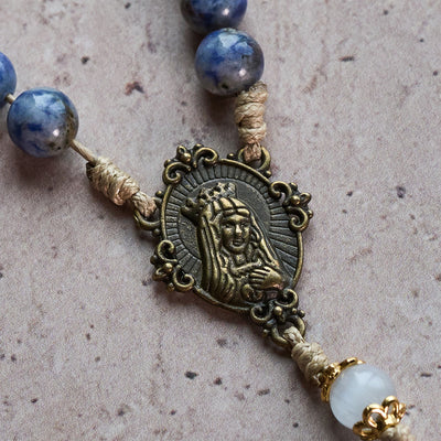 Christianartworkshop Immaculate Heart of Mary & Crucifix of 8 mm Round Blue Stone Nylon Cord Rosary