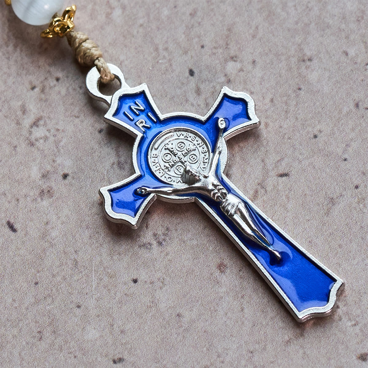 Christianartworkshop Immaculate Heart of Mary & Crucifix of 8 mm Round Blue Stone Nylon Cord Rosary