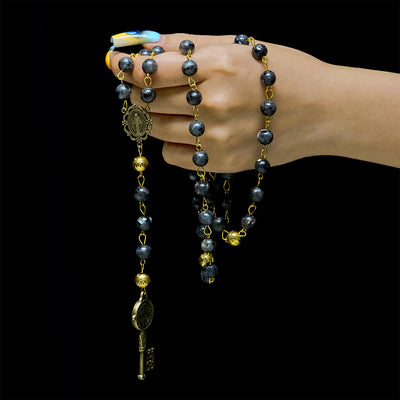 FREE Today: Miraculous Medal & Saint Benedict Key of 8 mm Round Black Stone Alloy Chain Rosary