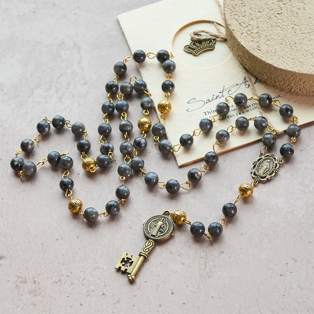 FREE Today: Miraculous Medal & Saint Benedict Key of 8 mm Round Black Stone Alloy Chain Rosary