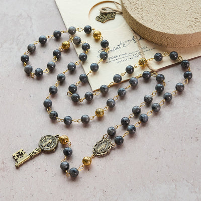 FREE Today: Miraculous Medal & Saint Benedict Key of 8 mm Round Black Stone Alloy Chain Rosary
