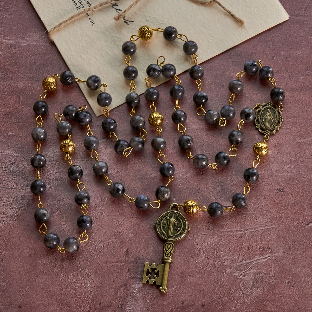 FREE Today: Miraculous Medal & Saint Benedict Key of 8 mm Round Black Stone Alloy Chain Rosary