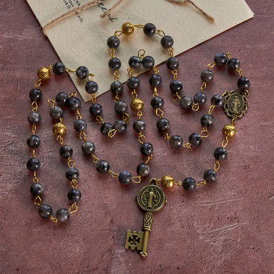 FREE Today: Miraculous Medal & Saint Benedict Key of 8 mm Round Black Stone Alloy Chain Rosary