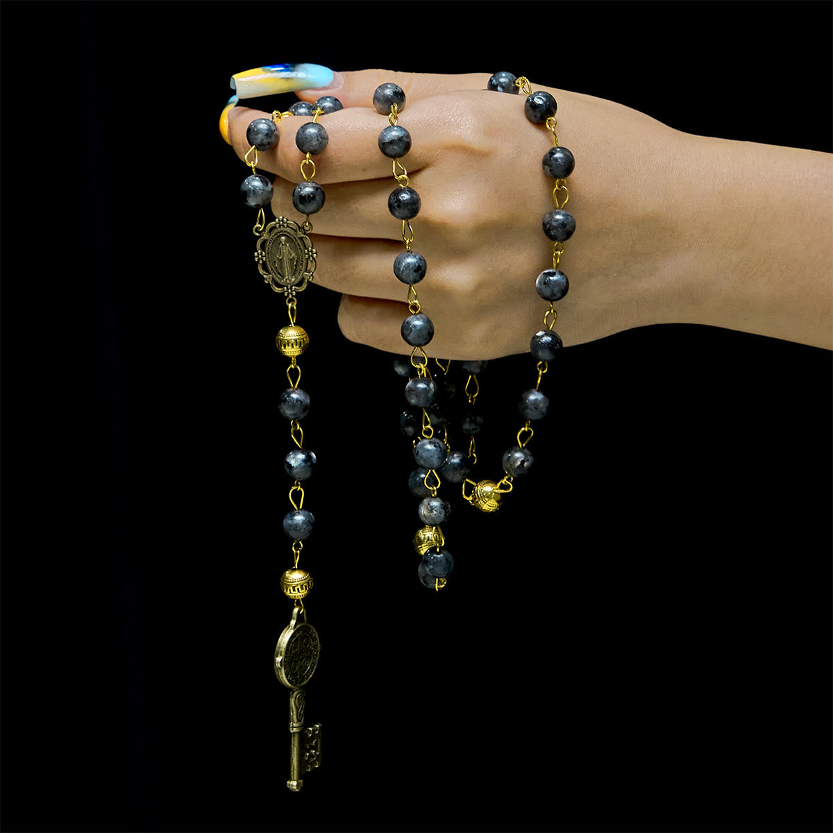 Christianartworkshop Miraculous Medal & Saint Benedict Key of 8 mm Round Black Stone Alloy Chain Rosary