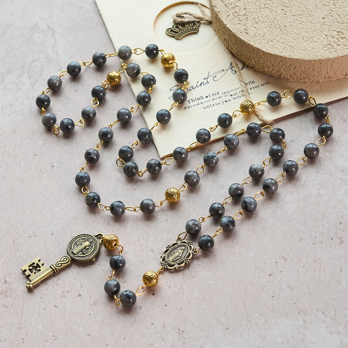 Christianartworkshop Miraculous Medal & Saint Benedict Key of 8 mm Round Black Stone Alloy Chain Rosary