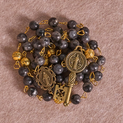 Christianartworkshop Miraculous Medal & Saint Benedict Key of 8 mm Round Black Stone Alloy Chain Rosary