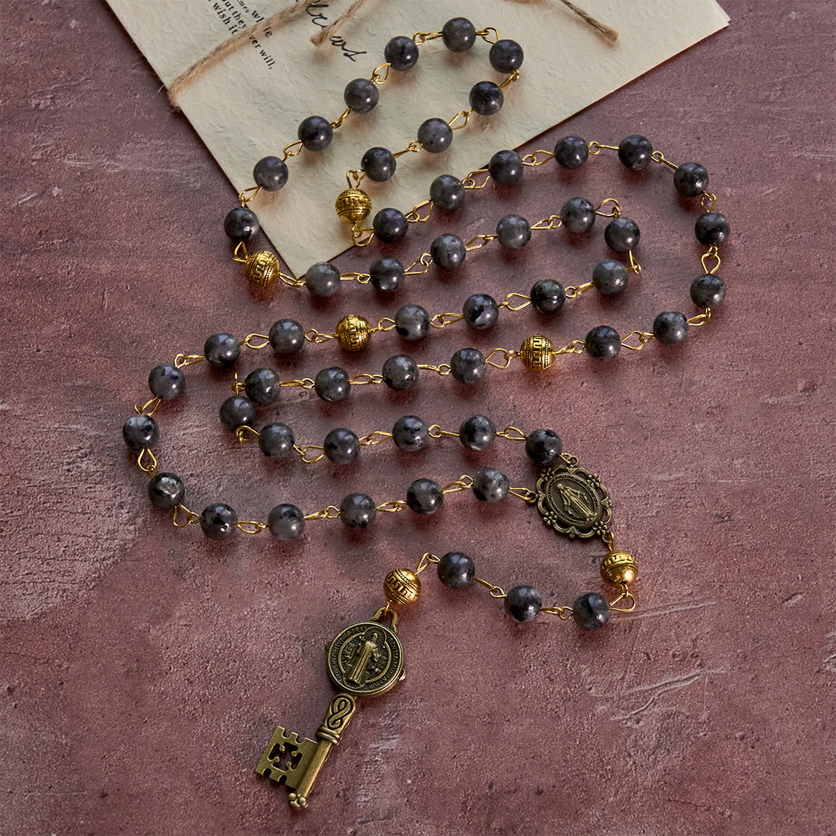 Christianartworkshop Miraculous Medal & Saint Benedict Key of 8 mm Round Black Stone Alloy Chain Rosary