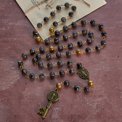 Christianartworkshop Miraculous Medal & Saint Benedict Key of 8 mm Round Black Stone Alloy Chain Rosary