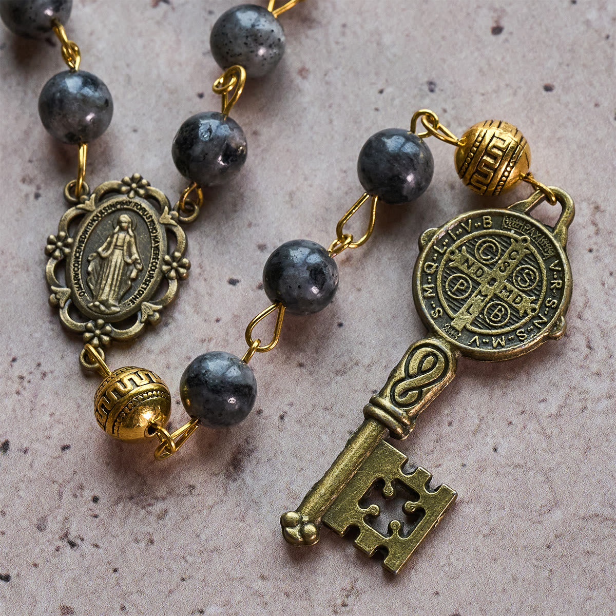 Christianartworkshop Miraculous Medal & Saint Benedict Key of 8 mm Round Black Stone Alloy Chain Rosary