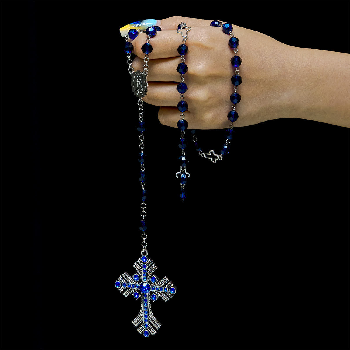 FREE Today: Christian Art Miraculous Medal & Cross of 8 mm Polyhedron Blue Crystal Alloy Chain Rosary