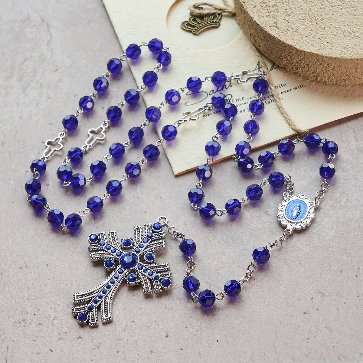 FREE Today: Christian Art Miraculous Medal & Cross of 8 mm Polyhedron Blue Crystal Alloy Chain Rosary