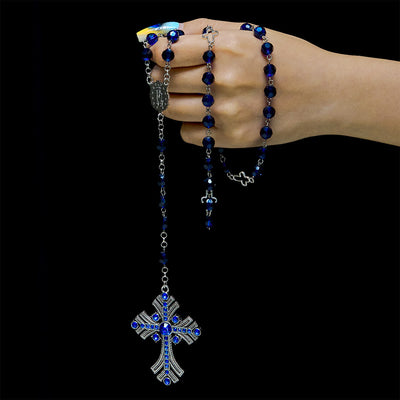 Christianartworkshop Miraculous Medal & Cross of 8 mm Polyhedron Blue Crystal Alloy Chain Rosary