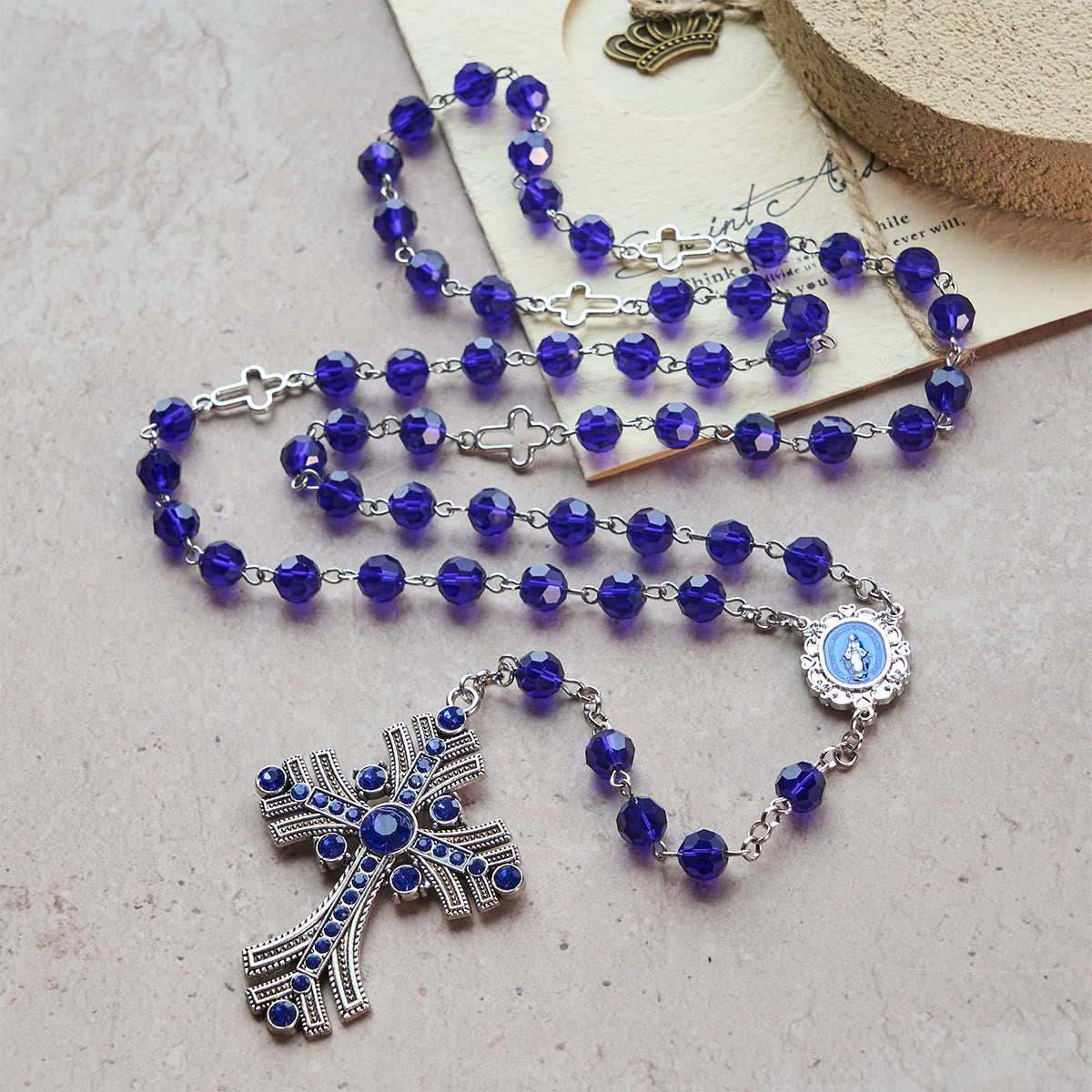 Christianartworkshop Miraculous Medal & Cross of 8 mm Polyhedron Blue Crystal Alloy Chain Rosary