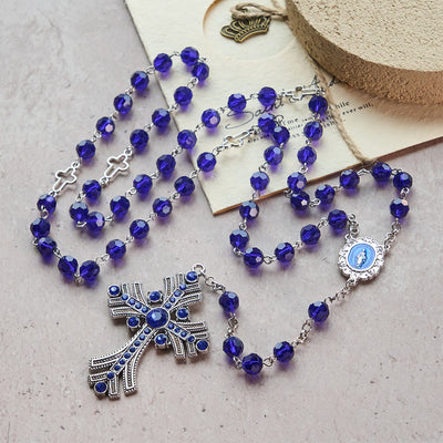 Christianartworkshop Miraculous Medal & Cross of 8 mm Polyhedron Blue Crystal Alloy Chain Rosary