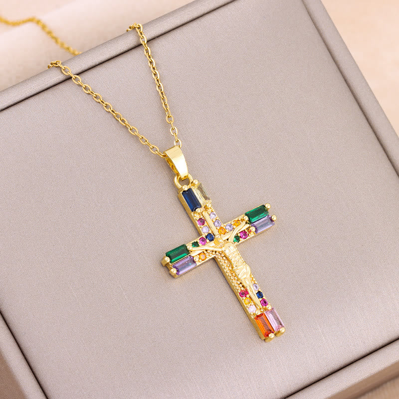 Christianartworkshop Retro Bohemian Style Colored Zirconia Cross Titanium Steel Necklace