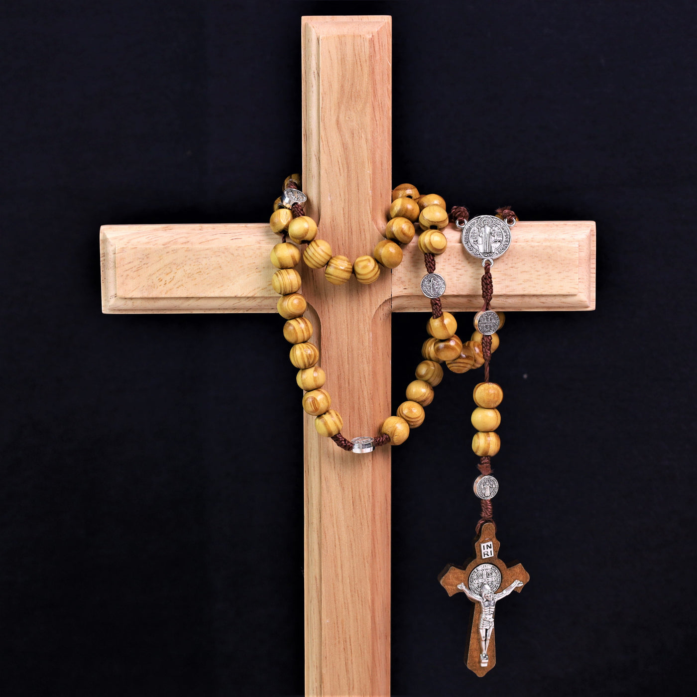 Olive Wood Saint Benedict Bead Rosary and Cross