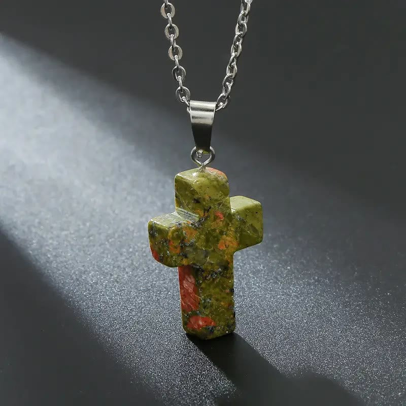 Christianartworkshop Natural Stone Cross Gemstone Pendant Necklace