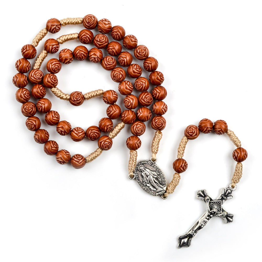 Christianartworkshop Handmade Rose-Shaped Wooden Bead Rosary: Miraculous Medal & Crucifix