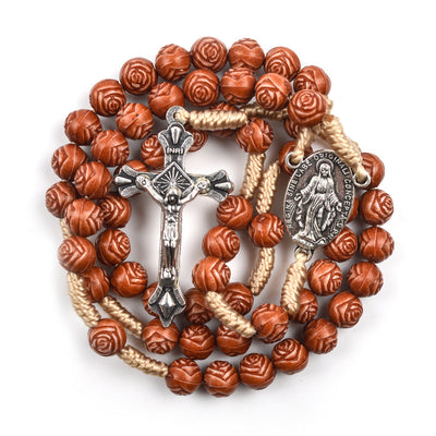 Christianartworkshop Handmade Rose-Shaped Wooden Bead Rosary: Miraculous Medal & Crucifix