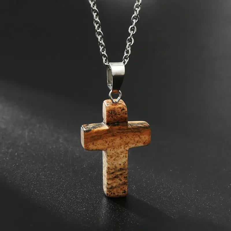 Christianartworkshop Natural Stone Cross Gemstone Pendant Necklace