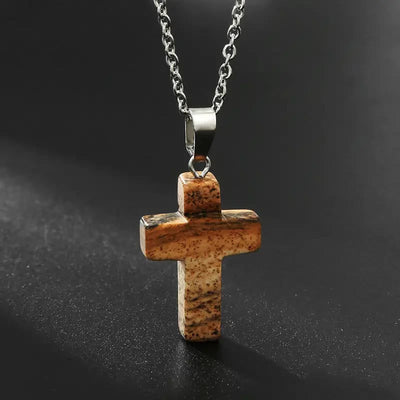 Christianartworkshop Natural Stone Cross Gemstone Pendant Necklace