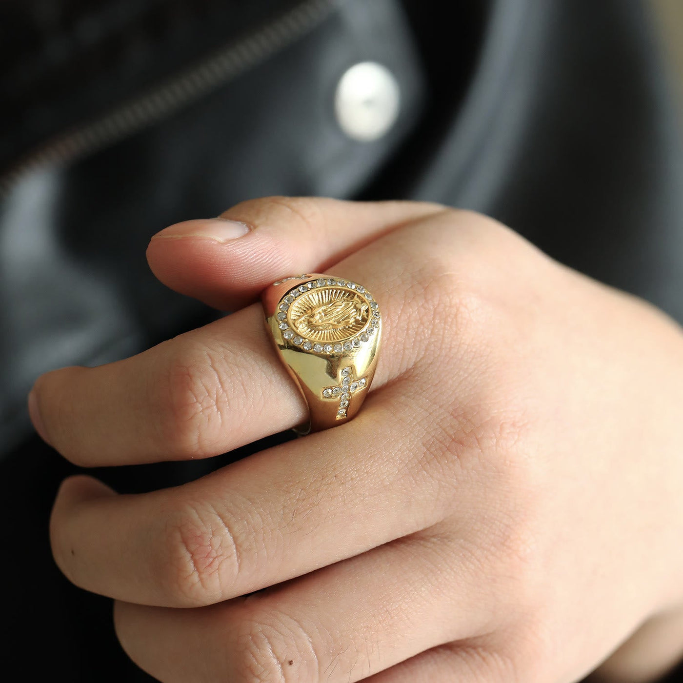 Christianartworkshop Virgin Mary Stainless Steel Ring Cross Sign Catholic Rings for Religious Jewelry